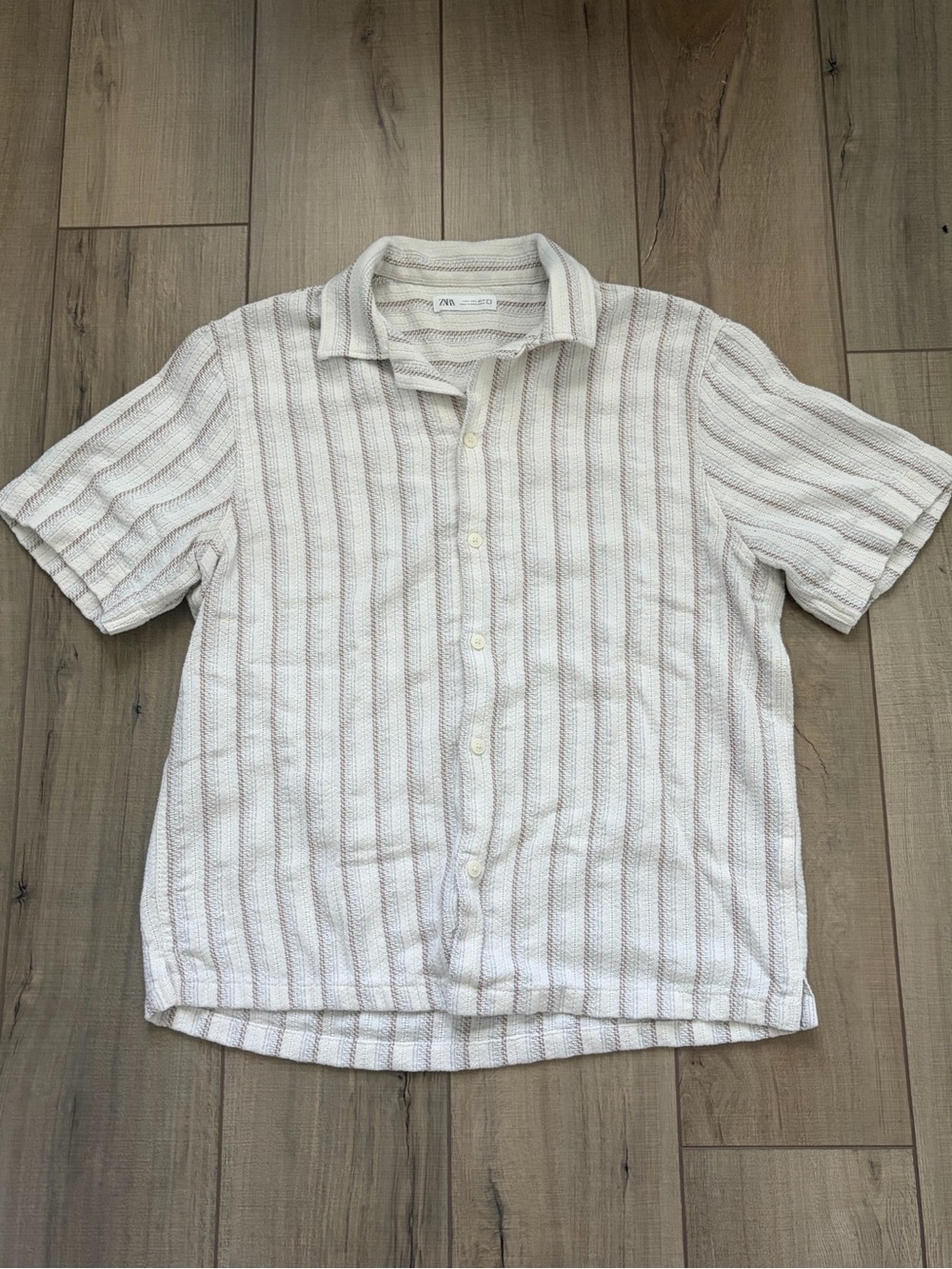 Zara Cream and Tan Striped Short Sleeve Button Down Shirt